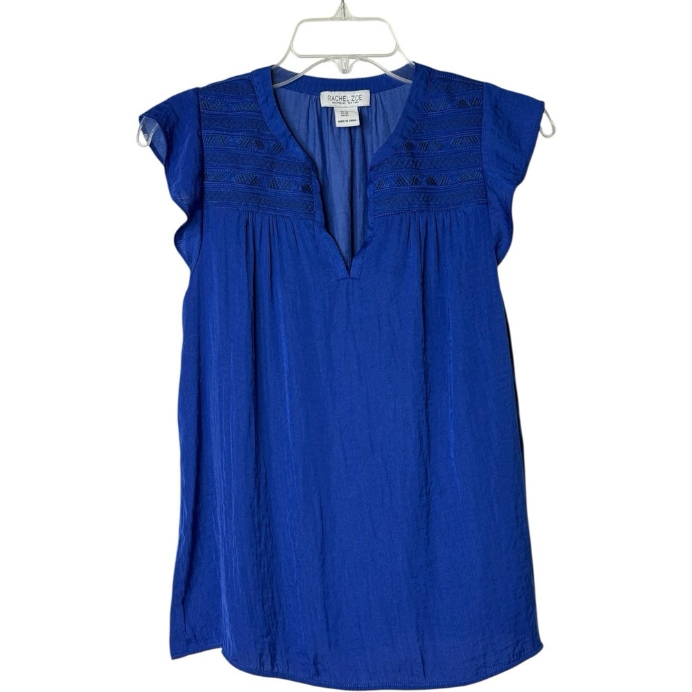 Rachel Zoe Royal Blue Sleeveless V-Neck Blouse Satin Feel Lightweight Womens XS